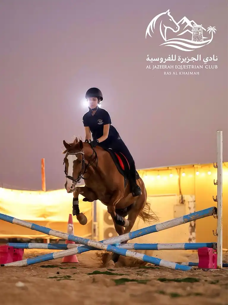 A rider performing a show jumping exercise during professional horse training in Ras Al Khaimah, showcasing advanced riding skills and structured equestrian lessons.
