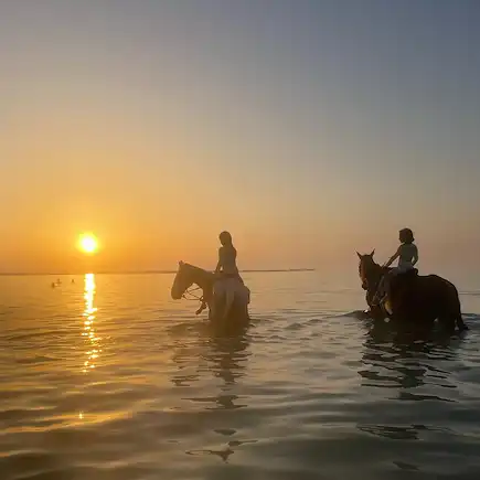 Two riders enjoy a peaceful beach horse riding experience at sunset in Ras Al Khaimah, an unforgettable activity easily booked through GetYourGuide with Al Jazeerah Equestrian Club.
