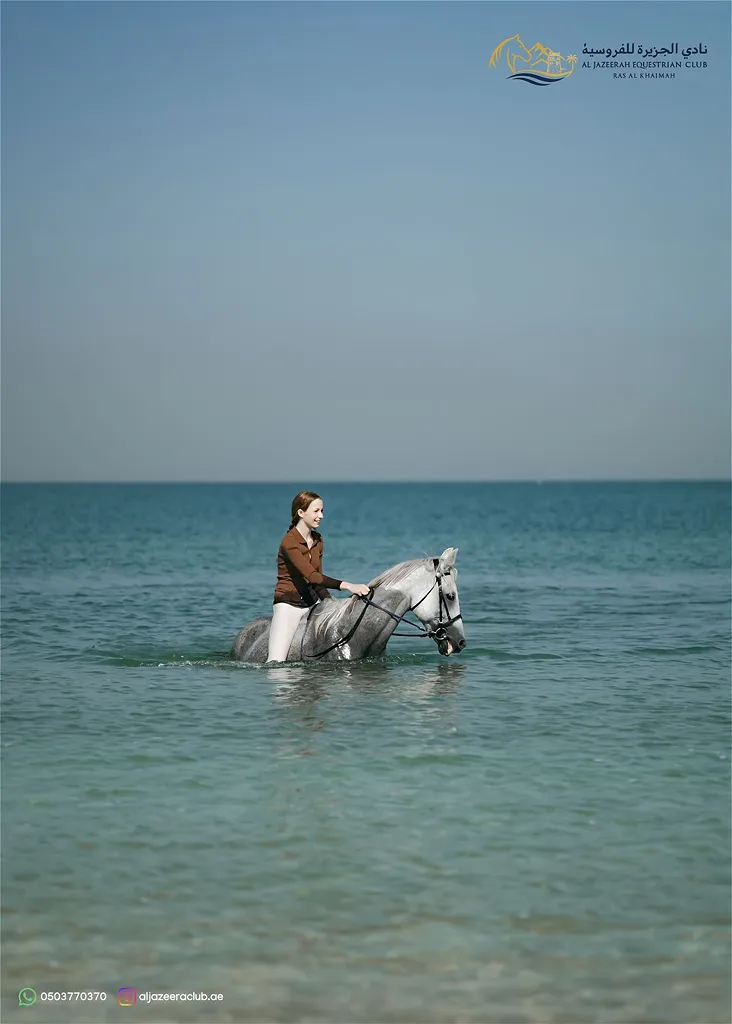 Woman swimming with her horse in the Arabian Gulf during a guided beach riding experience in Ras Al Khaimah, UAE.